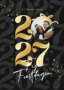 Trendy kerstkaart zwart strik jaartal goudlook met foto