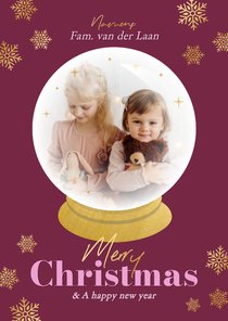 Trendy kerstkaartje met foto sneeuwbol paars en goud