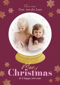 Trendy kerstkaartje met foto sneeuwbol paars en goud