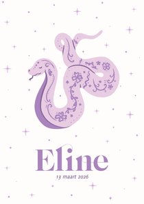 Trendy lila geboortekaartje met slang Chinees sterrenbeeld