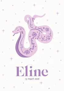 Trendy lila geboortekaartje met slang Chinees sterrenbeeld