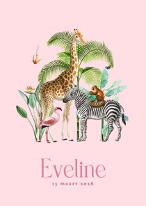 Trendy roze jungle geboortekaartje met giraf en zebra