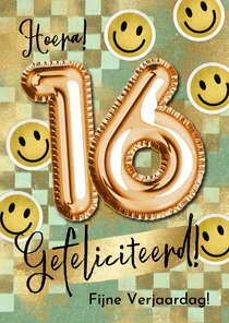 Trendy verjaardagskaart blokjes smileys folieballon goud