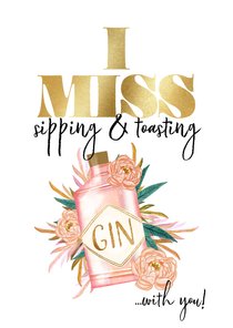 Trendy wenskaart mis je sipping & toasting illustratie gin