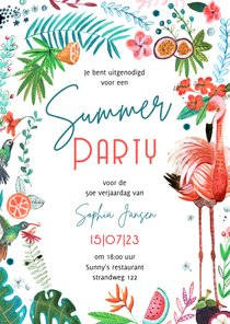 Tropisch zomers tuinfeest met bloemen en flamingo