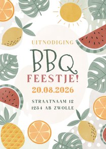 Tropische uitnodiging bbq feestje met fruit en bladeren