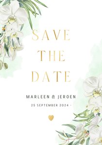 Trouwen Save the date orchideeën eucalyptus