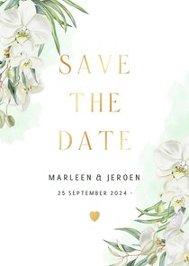 Trouwen Save the date orchideeën eucalyptus