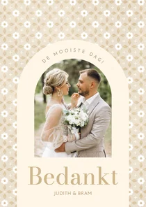 Trouwkaart bedankt met beige boho patroon en foto