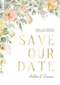 Trouwkaart bloemen in de hoek romantisch save the date