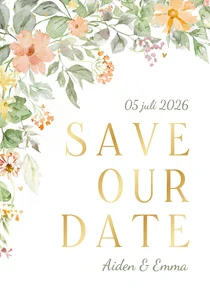 Trouwkaart bloemen in de hoek romantisch save the date