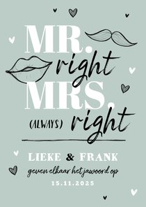 Trouwkaart grappig mr and mrs right hartjes doodle