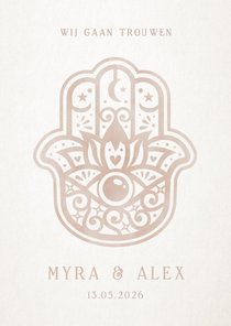 Trouwkaart Hamsa hand - natuurlijke uitnodiging bruiloft 