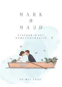 Trouwkaart huwelijksbootje met bruidspaar