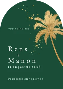 Trouwkaart in boog palmboom goud spetters