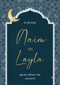 Trouwkaart Islamitisch patroon donkerblauw met maan ster