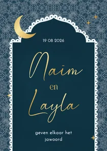 Trouwkaart Islamitisch patroon donkerblauw met maan ster