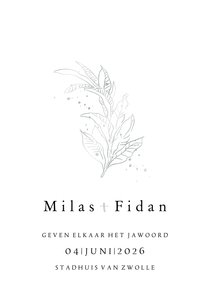 Trouwkaart klassiek lijnillustratie botanisch blad zilver