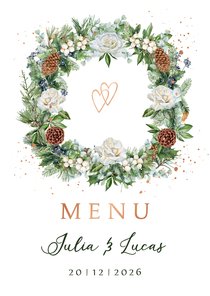 Trouwkaart menu krans witte rozen met kersttakken