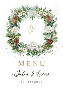 Trouwkaart menu krans witte rozen met kersttakken