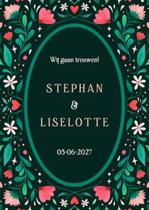 Trouwkaart met vrolijk geïllustreerd bloemenkader