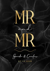 Trouwkaart mr. and mr. marmer zwart stijlvol goud