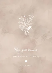 Trouwkaart naturel waterverf achtergrond, wit bosje bloemen