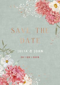Trouwkaart save the date dahliabloemen en herfstanemoon 