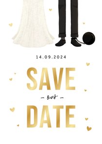 Trouwkaart save the date grappig cartoon humor hartjes goud