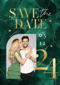 Trouwkaart Save the Date groen marmer stijlvol goud foto