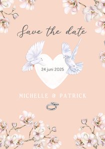 Trouwkaart Save the date hart duifjes