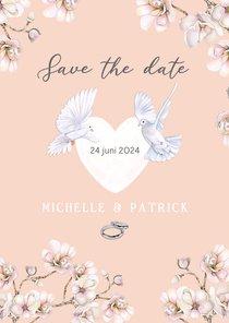 Trouwkaart Save the date hart duifjes