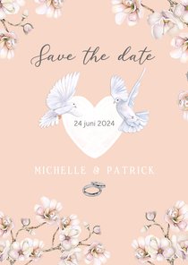 Trouwkaart Save the date hart duifjes