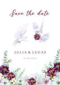 Trouwkaart Save the date helleborus eucalyptus duiven