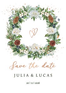 Trouwkaart save the date krans rozen met kersttakken