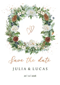 Trouwkaart save the date krans rozen met kersttakken