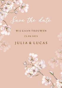 Trouwkaart Save the date magnoliabloemen