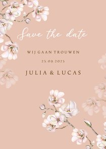 Trouwkaart Save the date magnoliabloemen