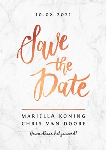 Trouwkaart save the date marmerlook met rosé goud letters