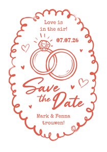 Trouwkaart save the date trouwen ringen doodle roze