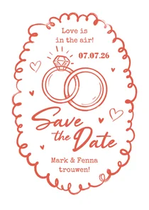 Trouwkaart save the date trouwen ringen doodle roze