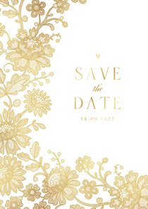 Trouwkaart save the date vintage kant goud bloemen hartjes