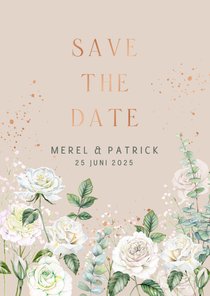 Trouwkaart save the date witte rozen met koperfolie