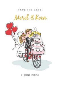 Trouwkaart stel op fiets en taart met rode ballonnen