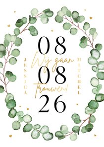 Trouwkaart stijlvol natuurlijk eucalyptus romantisch goud