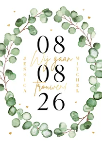 Trouwkaart stijlvol natuurlijk eucalyptus romantisch goud