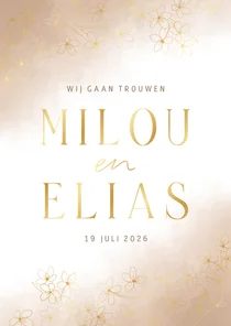 Trouwkaart uitnodiging beige waterverf gouden kersenbloesem