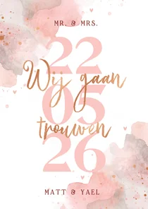 Trouwkaart uitnodiging wij gaan trouwen roze waterverf koper