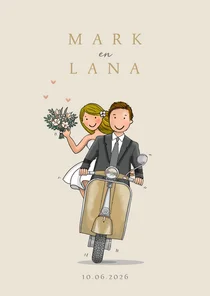 Trouwkaart voorkant scooter goud met bruidspaar