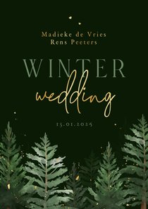 Trouwkaart winter wedding dennenbomen donker groen goud